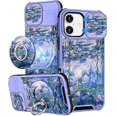 Buleens for iPhone 16 Case 6.1 Inch - with Ring Stand & Camera Cover Aesthetic Cute Designed for Women Girls Girly Pretty Kawaii Blue Water Lily Teens Phone Case for iPhone 16 Compatible with Magsafe