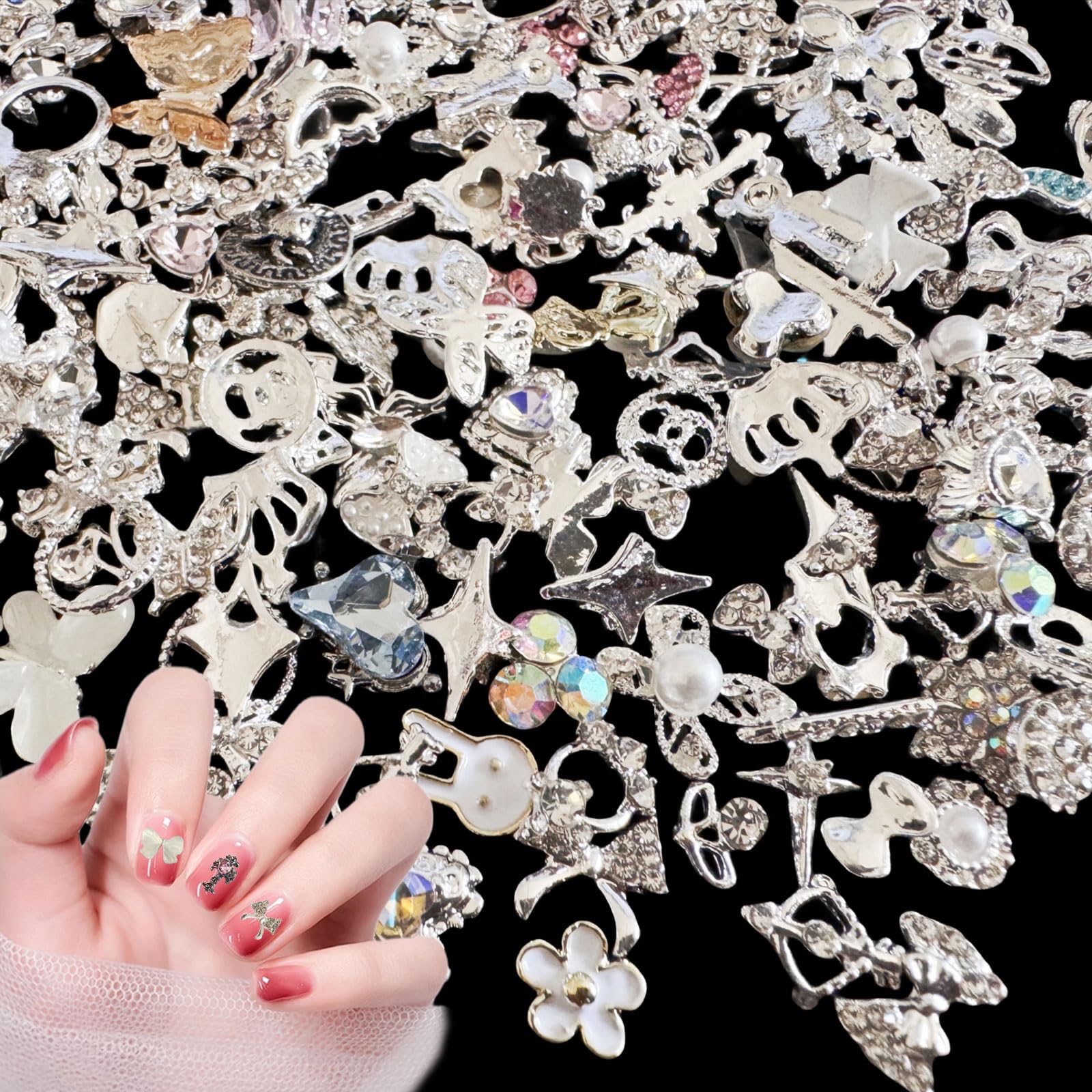 Silver Nail Charms,50PCS Mixed 3D Pearl Rhinestones Bowknot Luxury Metal Nail Art Charms,Alloy Nail Gems Nail Decorations for DIY Manicure Design Nail Art Jewelry Making (B Mixed Pattern Silver)