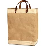 Reusable Jute French Market Tote Burlap Grocery Bags with Faux Leather Strap Handles, Interior Pocket, and Water Resistant In