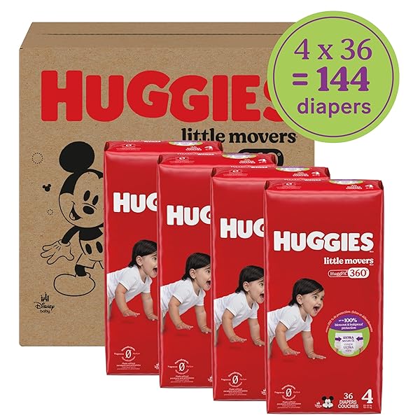 HUGGIES SIZE 4 BABY DIAPERS, LITTLE MOVERS HUGGFIT 360° BABY DIAPERS WITH 360° WAISTBAND, SIZE 4 (22-37 LBS), 144 COUNT (4 PACKS OF 36), PACKAGING MAY VARY