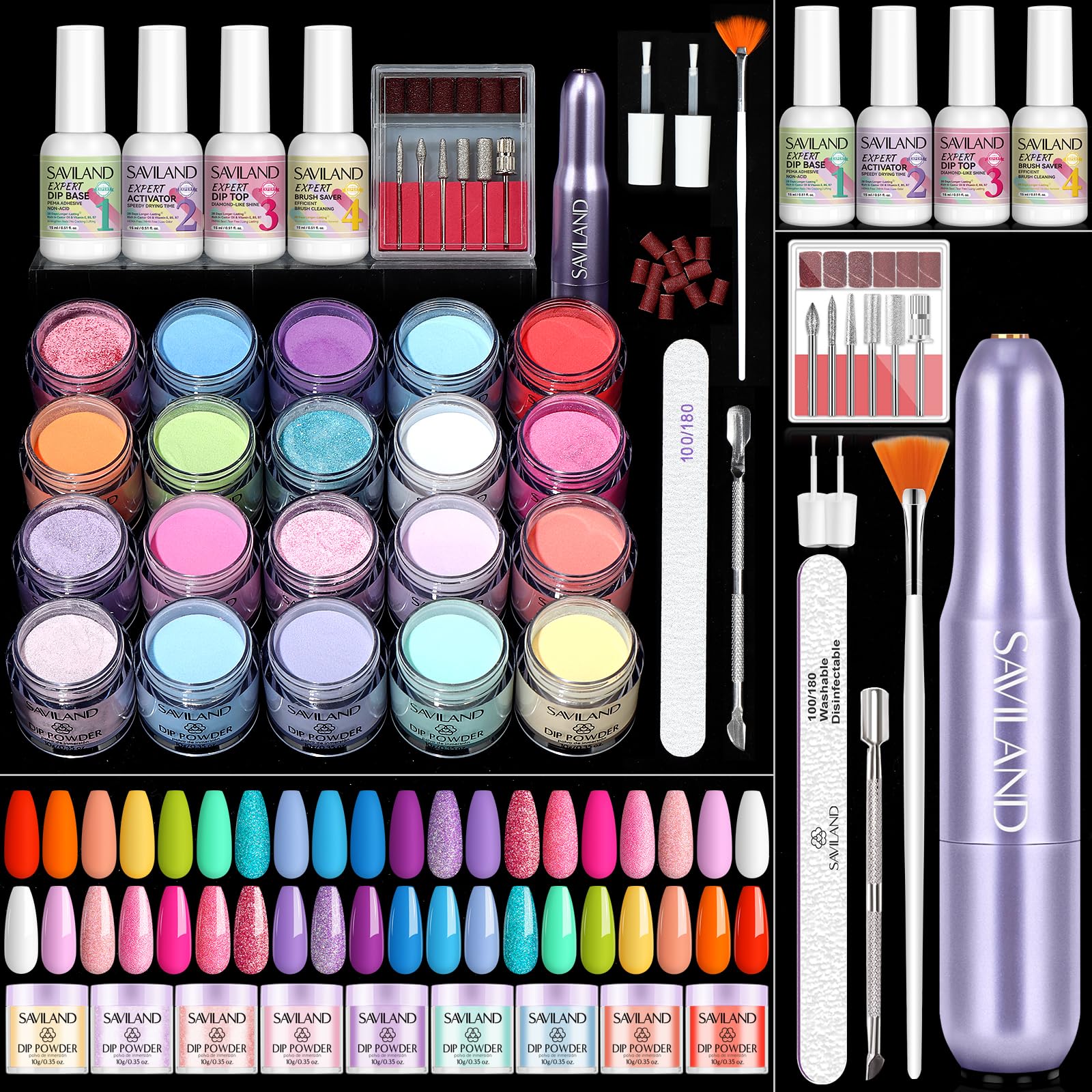 Saviland Dip Powder Nail Kit with Drill: 20 Colors Summer Dipping Powder Starter Kit with Liquid Base Top Coat Set Professional Dip System Protect Repair Home Nail Salon