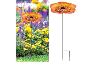 ROACASUMY Bee Watering Station with Vivid Flower Design, Standing Bee Cup with 40 Glass Marbles for Outside, Bee Bath Feeder with Metal Stakes Butterfly Puddler Garden Yard Décor(Orange)