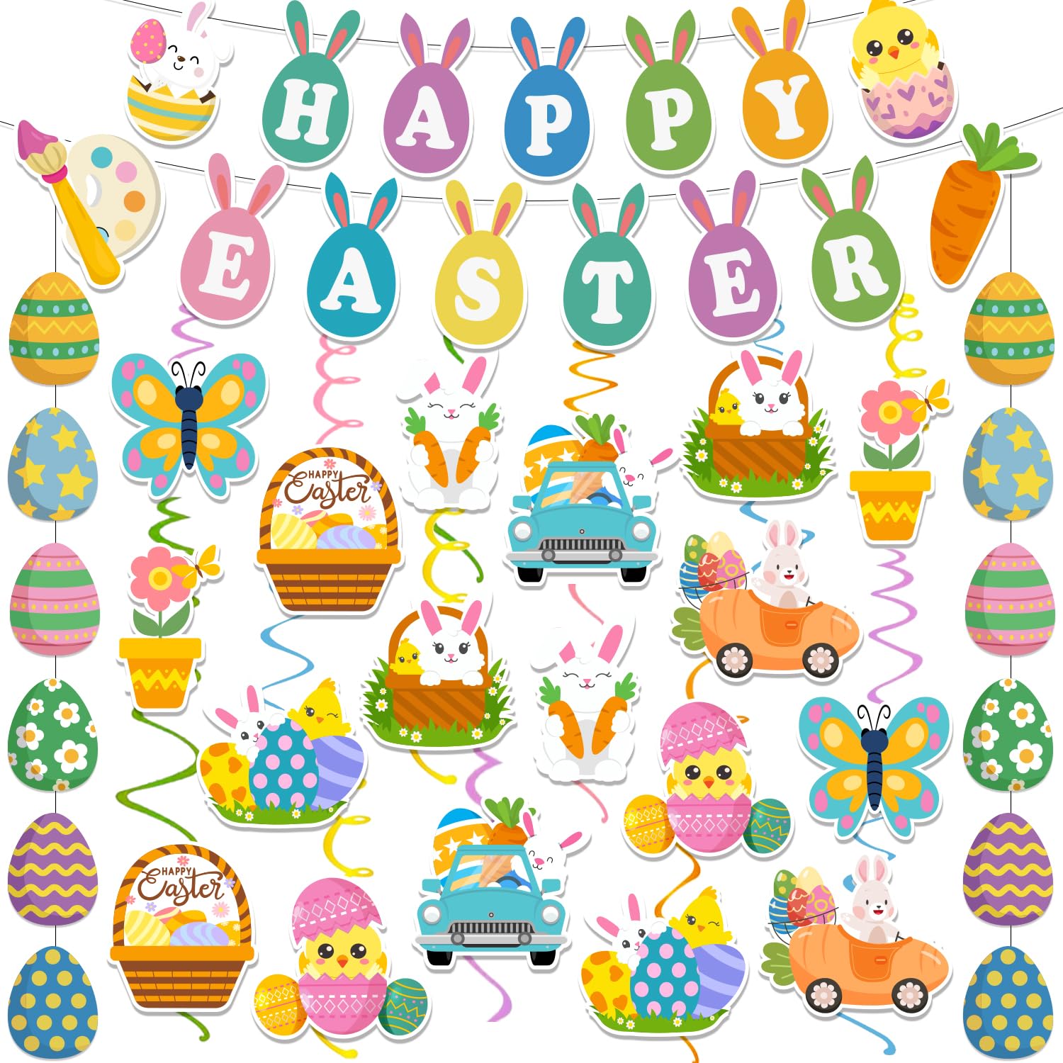 53pcs Easter Decorations for Home Easter Garland Happy Easter Banner Easter Decorations Indoor with Egg Bunny Hanging Swirl for Home School Classroom Easter Party Decorations