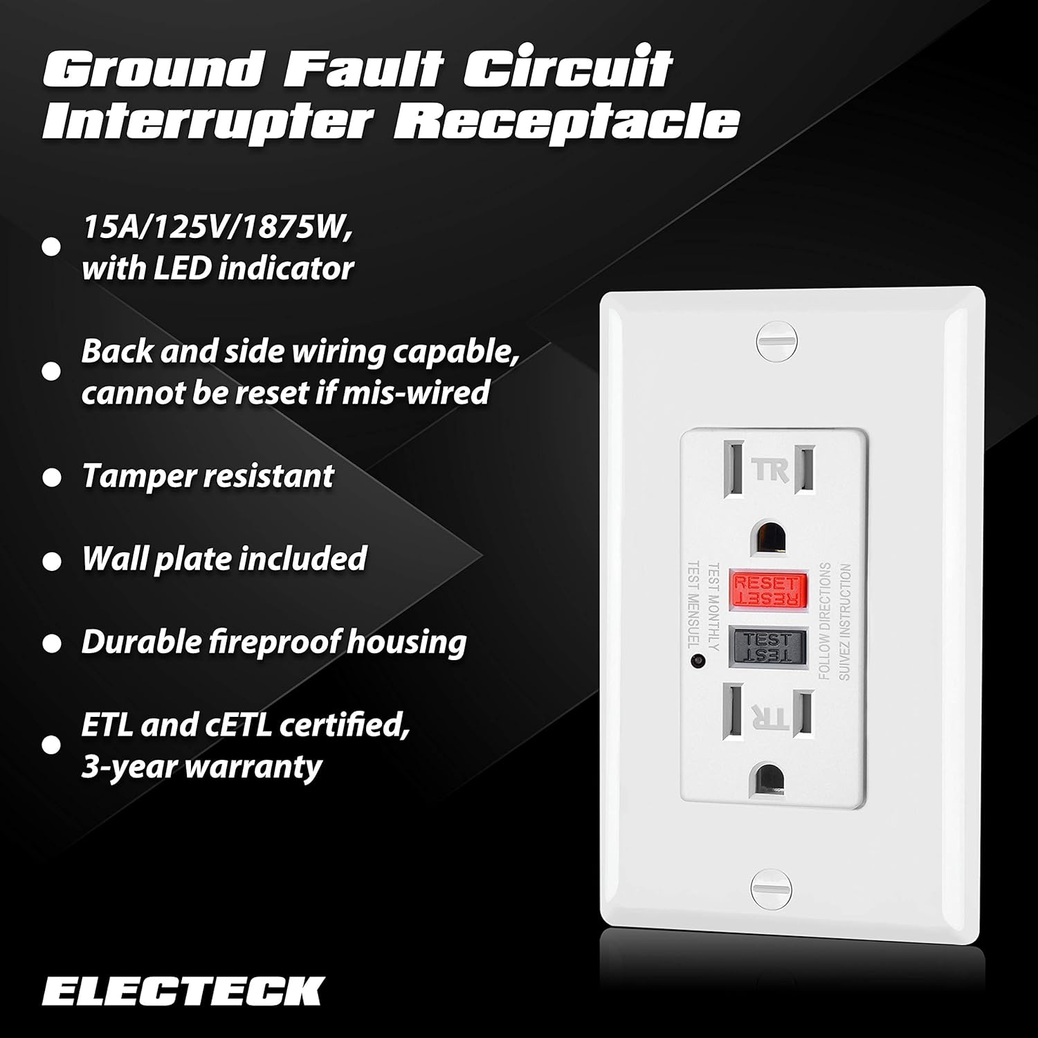 2 Pack - ELECTECK 15A/125V Tamper Resistant GFCI Outlet, Decor Receptacle with LED Indicator, Decorator Wall Plate and Screws Included, Red Button for Reset and Black for Test, ETL Certified, White: Industrial & Scientific