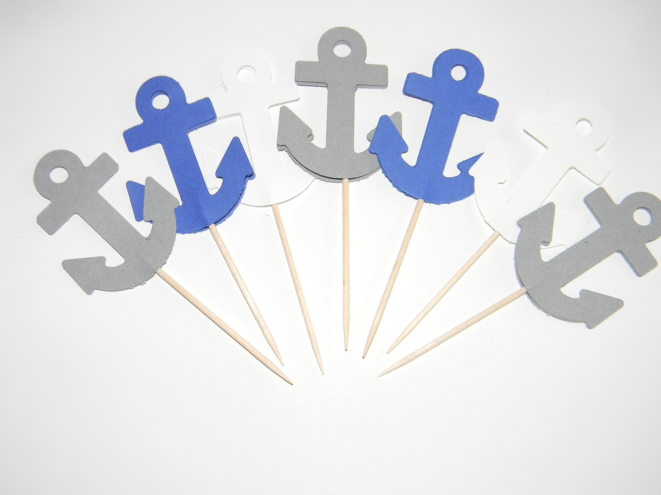 24 mixed blue, gray and white nautical anchor anchors cupcake toppers food picks birthday party decor
