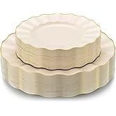 ISFANGCO 60Pcs Heavy Weight Ivory Plastic Plates with Gold Trim, Heavy Duty Wedding Plates, Elegant Disposable Plate Sets include 30 10" Dinner & 30 7" Dessert Plates for Party & Wedding(30 Guests)