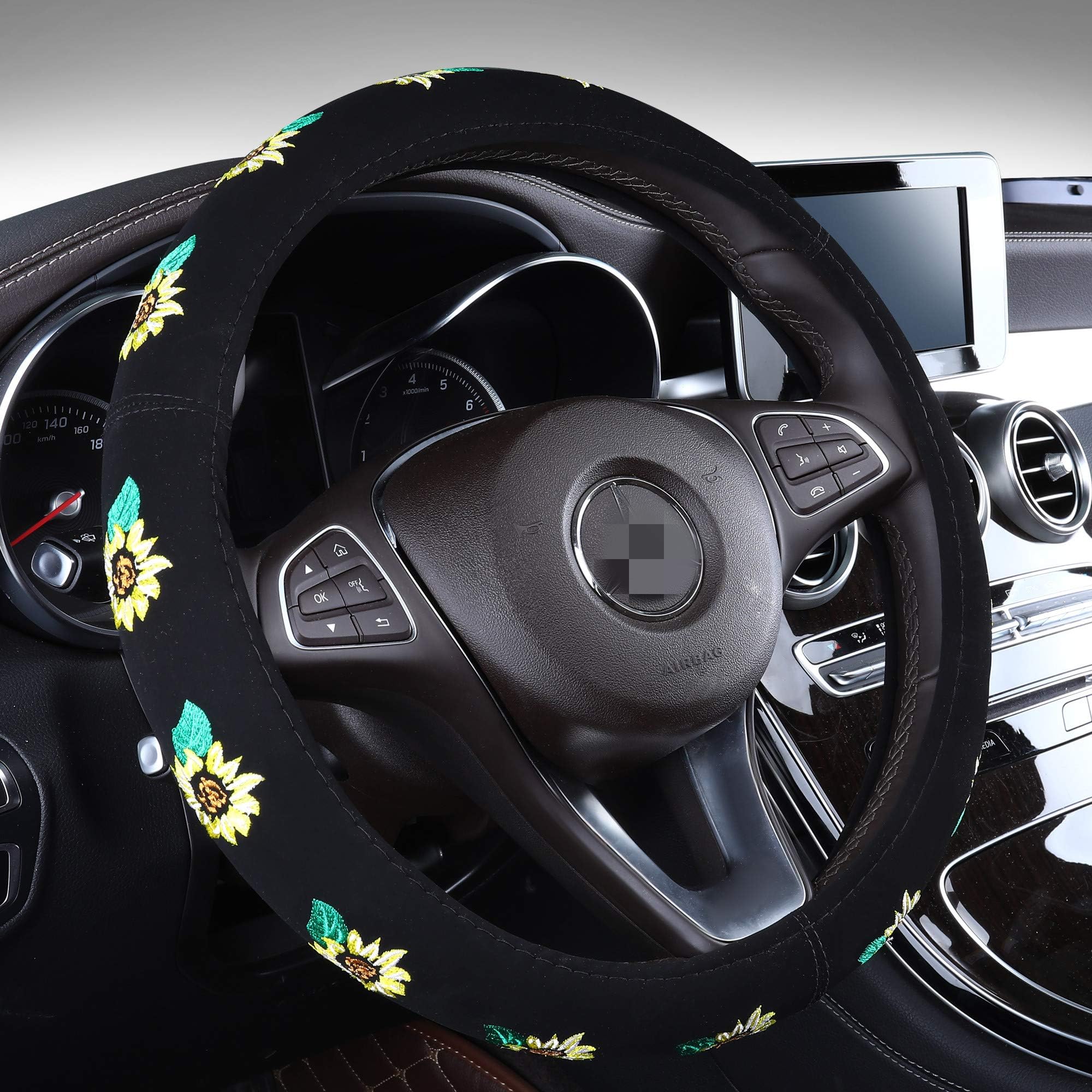 SHAKAR Sunflowers Steering Wheel Covers- Embroidery Cute Steering Wheel Covers,Universal 15 inch (Sunflower)