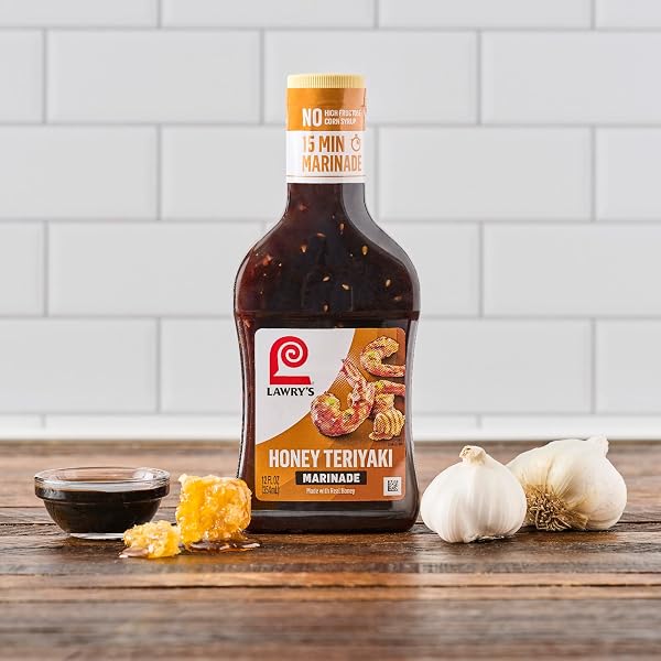 LAWRY’S MARINADE, HONEY TERIYAKI, 15 MINUTE MARINADE, NO HIGH FRUCTOSE CORN SYRUP, MADE WITH HONEY, SOY SAUCE, AND GARLIC, GREAT WITH CHICKEN, SHRIMP, SALMON, AND VEGETABLES, 12 FL OZ