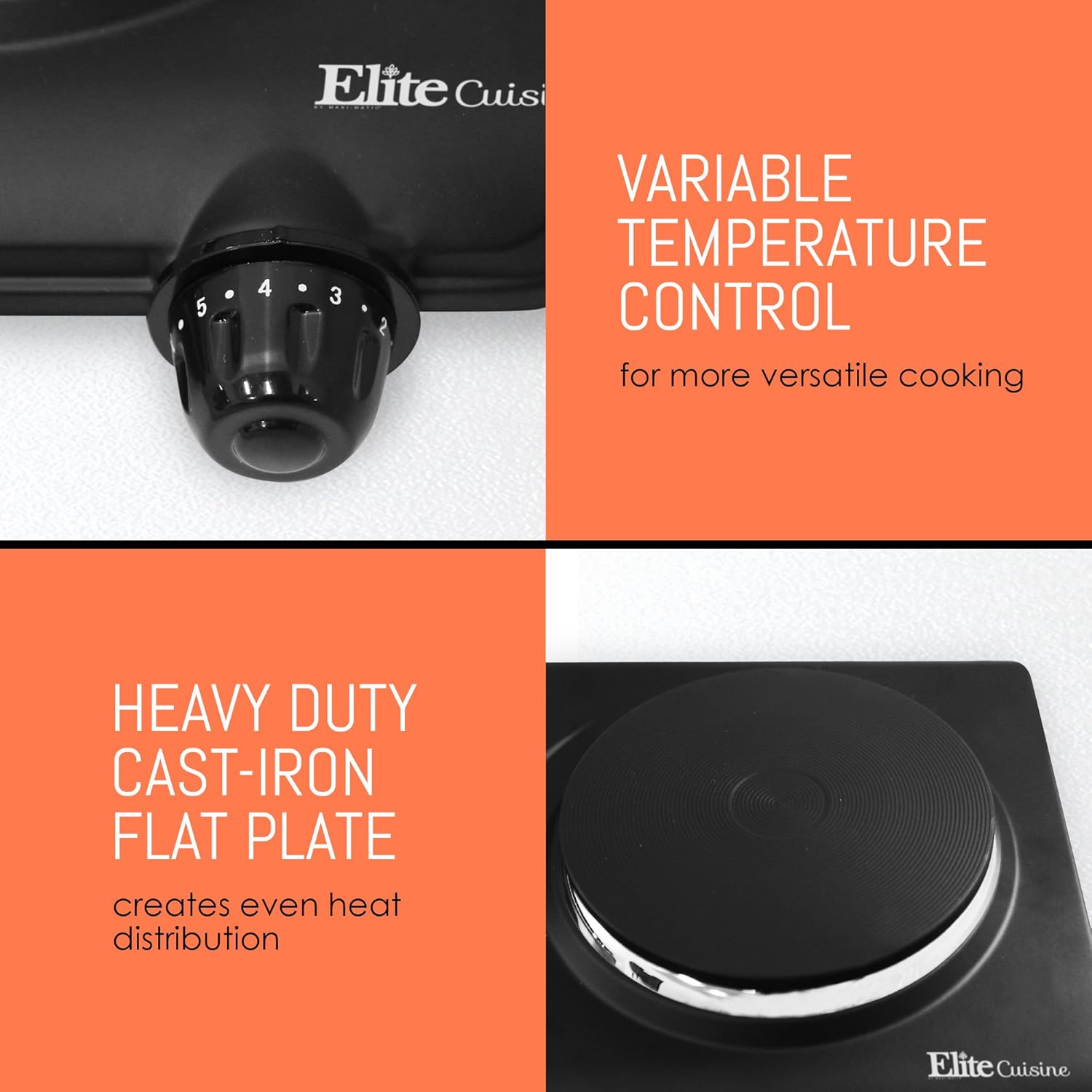 Elite Gourmet Single Electric Flat Cast Iron Heating Plate Burner Power Indicator Light, Non-Skid Feet, Easy To Clean, Black: Electric Countertop Burners: Kitchen & Dining