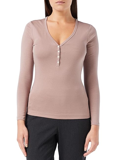 Amazon Essentials Women's Ribbed Knit Long Sleeve Henley Slim Fit T-Shirt, Dark Taupe, Large