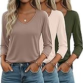 Huukeay 3 Pack Women's 3/4 Sleeve T-Shirts, V Neck Casual Tops Loose Fit Tunic Basic Tees 3/4 Length Sleeve Soft Blouses