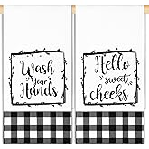 Tatuo 2 Pcs Buffalo Plaid Bathroom Hand Towels Black and White Checkered Kitchen Tea Towels 17 x 27 Inch Farmhouse Hello Sweet Dish Cloths for Bathroom Home Washing Drying Dishes