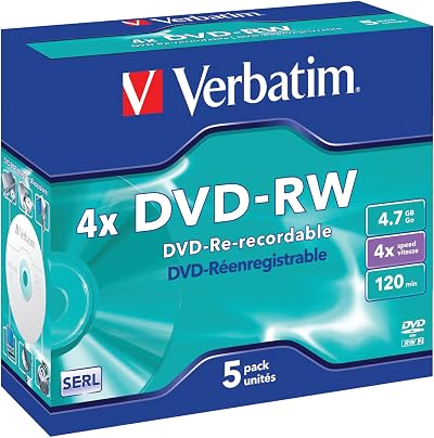 Verbatim DVD-RW 4.7GB 5 Pack 4x Jewel Case Scratch Protection Long Life