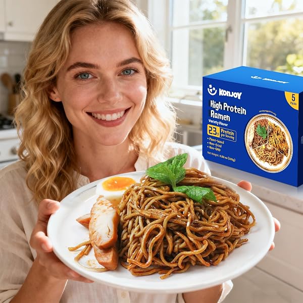 KONJOY PROTEIN RAMEN VARIETY PACK, 5-PACK HIGH PROTEIN RAMEN NOODLES(23G) WITH SAVORY CRAYFISH CHILI, SICHUAN MALA, HOT SPICY CHICKEN SAUCES – PLANT-BASED, NON-FRIED, LOW FAT, VEGAN HEALTHY MEAL
