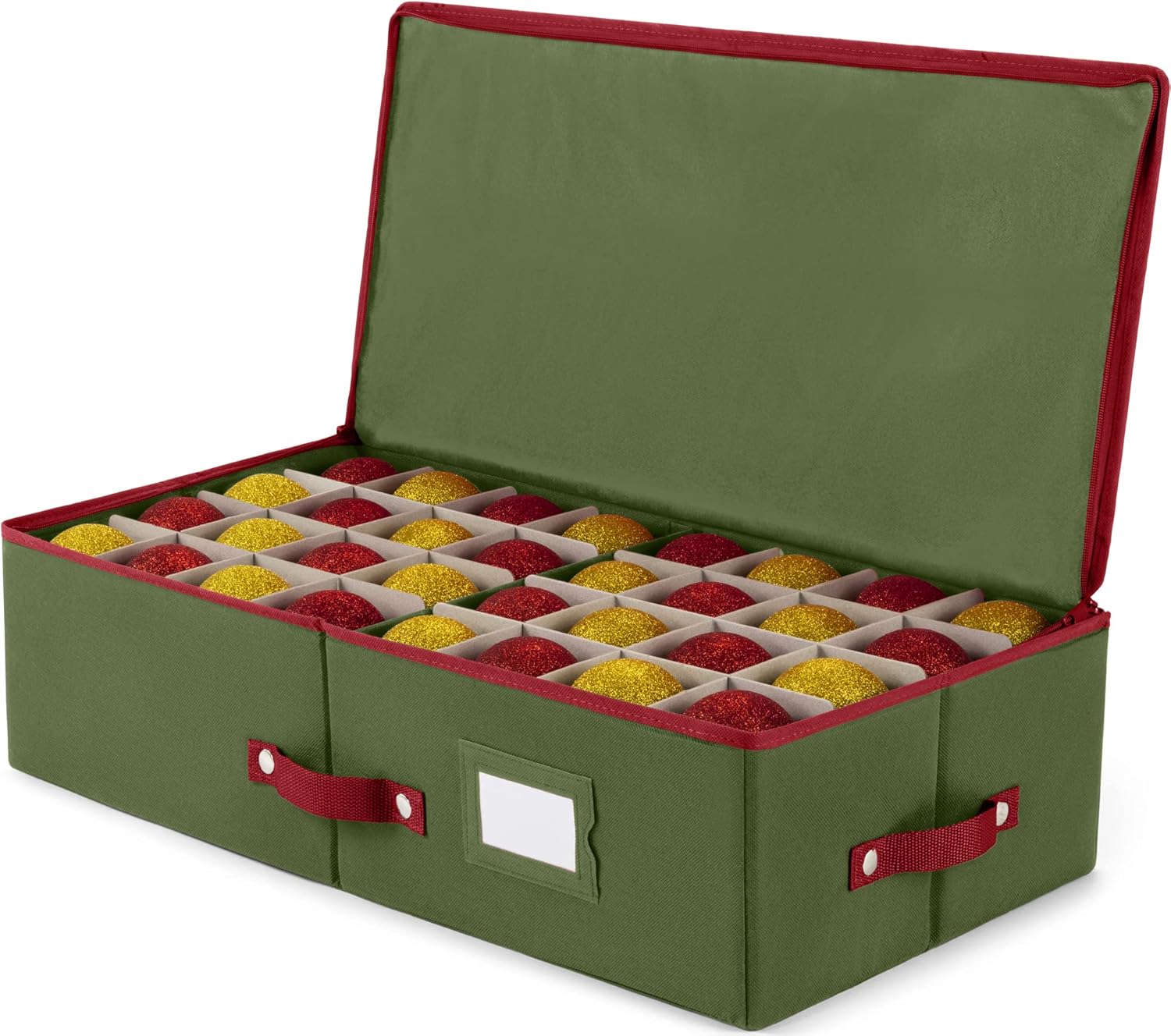 Holiday Décor Storage - Zober Christmas Ornament Storage Box - Stores 64 Ornaments W/ Dividers - 600D Oxford Fabric Under Bed Christmas Ornament Storage Containers - 3 Inch Cube Compartments - Green