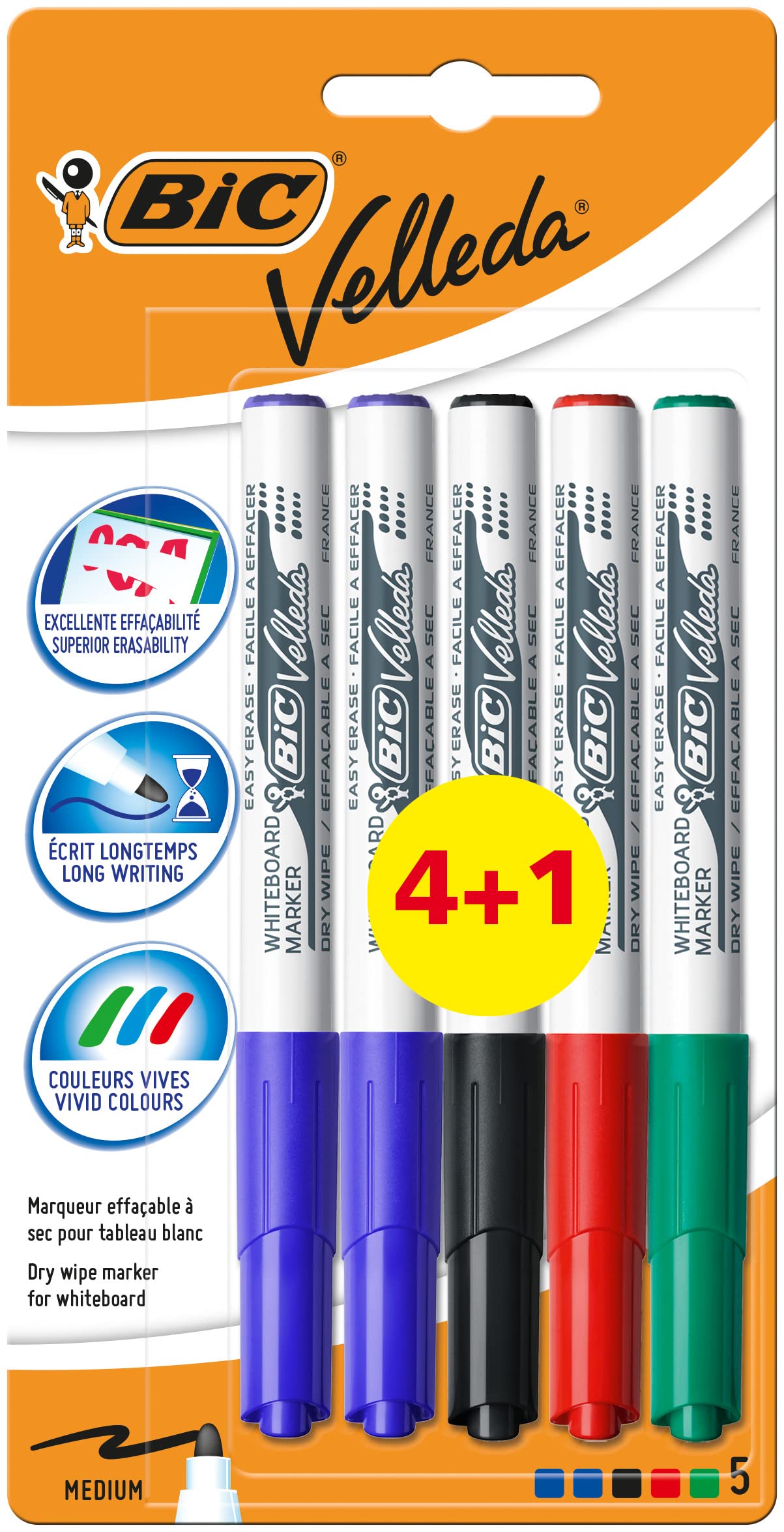 BiC Velleda 1741 Whiteboard Markers (Value Pack of 4, Plus 1 Free) Assorted Colours