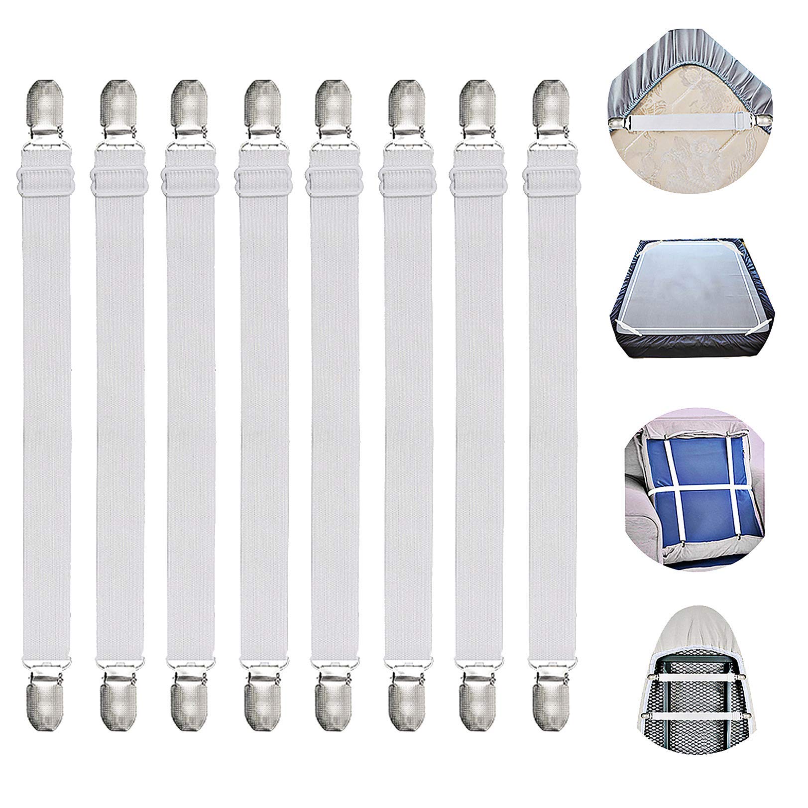 Adjustable Bed Sheet Straps Suspenders Elastic Sheet Fasteners Grippers Suspenders Clips for Flat & Fitted Sheet Corner Holder,Ironing Board Cover, Mattress, Cribs, Sofa Cushion& More(Short type)