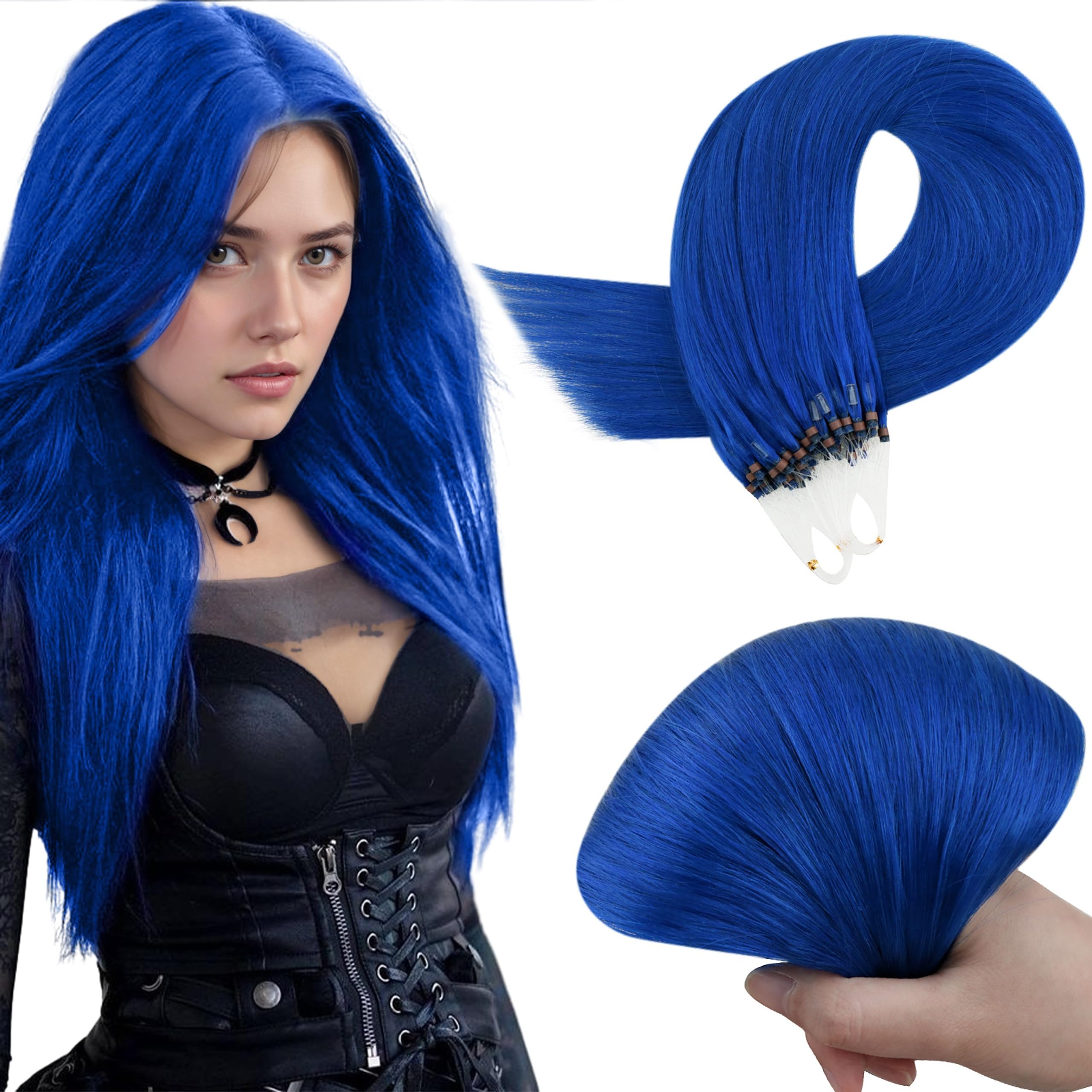 RUNATURE Micro Loop Blue Hair Extensions Real Human Hair Micro Ring Blue Hair Extensions Human Hair Micro Loop Hair Straight Microbedas 18 Inch 25g 25 Strands — image 1