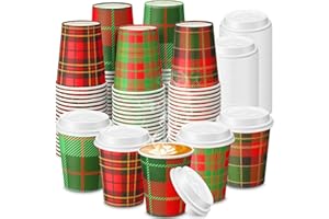 Hushee 100 Pcs Christmas Plaid Paper Cups 8 oz Disposable Coffee Cup with Lids Christmas Cups Coffee Bar Supplies for Hot Cocoa, Hot and Cold Drink Tea Holiday Party Supplies