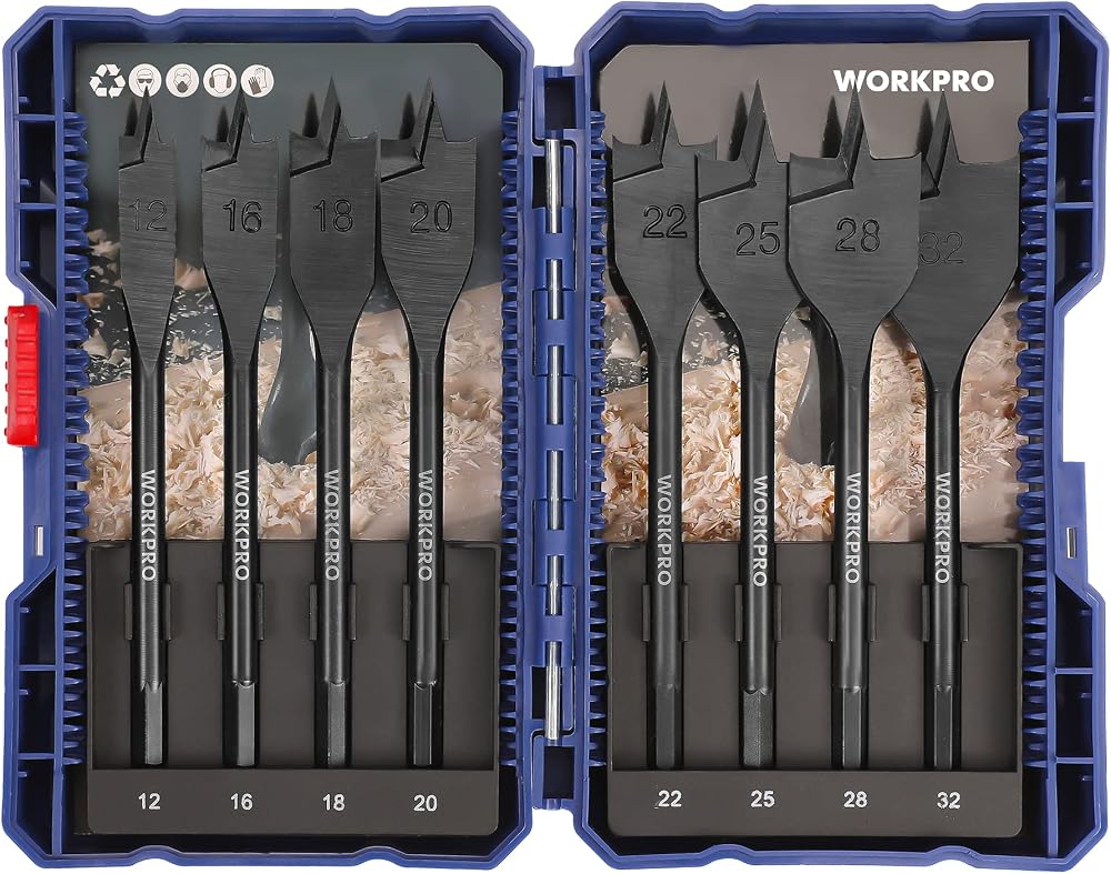 WORKPRO 8-Piece Flat Wood Drill Bit Set 1/4 Inch Quick Change Hex Shank
