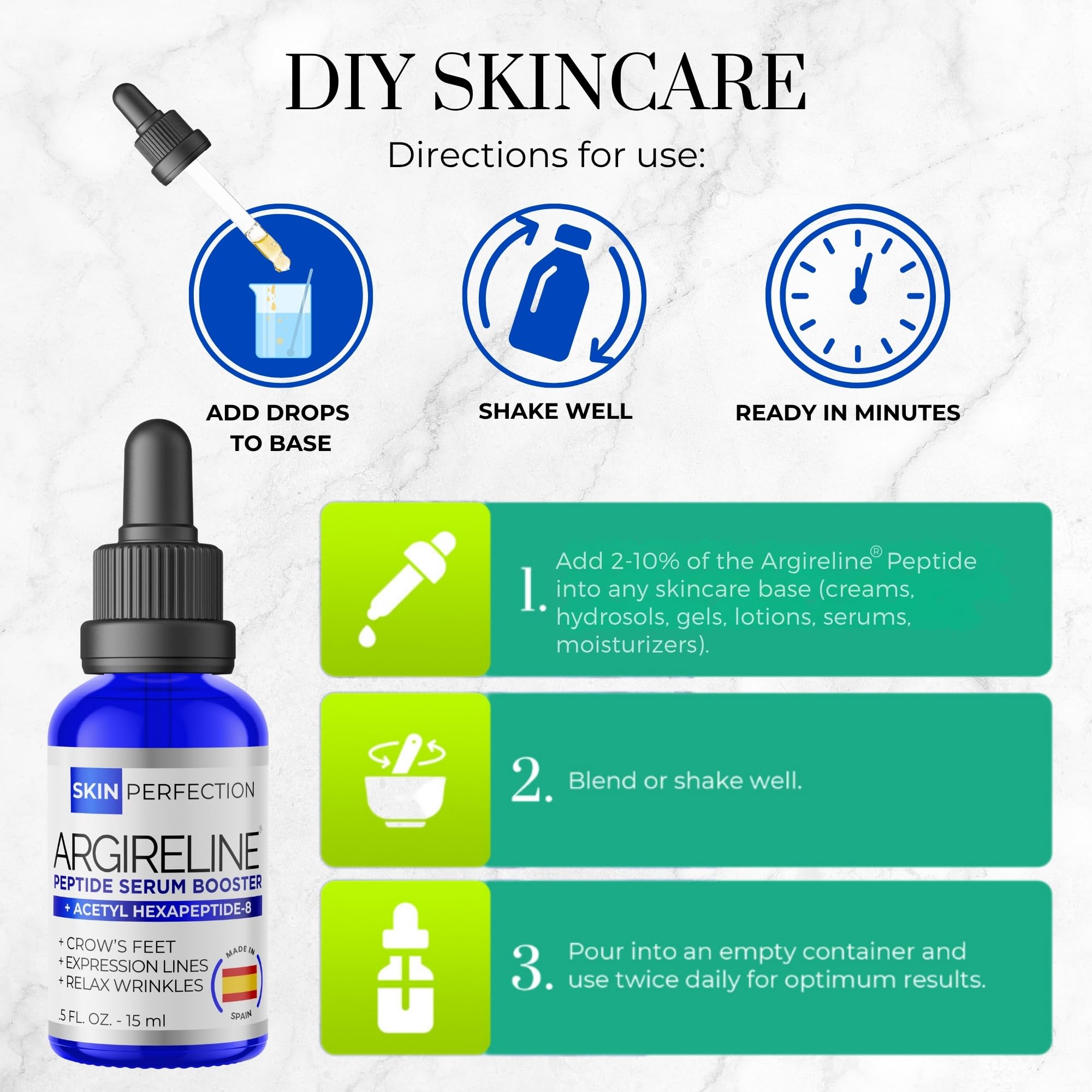 Skin Perfection Argireline Serum - Peptides Serum for Face with Acetyl Hexapeptide-8 for Fine Lines & Wrinkles - Diy Anti Aging Argireline Booster Solution Mix with Any Skincare Products 0.5oz