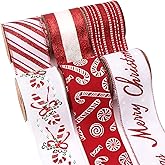 Ribbli Christmas Ribbon Wired Red White Christmas Tree Ribbon Candy Cane Glitter Burlap Ribbons for Topper Bow Crafts Gift Wrapping Wreaths Garland Home Decor -2.5 Inch x 6 Rolls Total 30 Yard