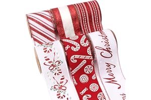 Ribbli Christmas Ribbon Wired Red White Christmas Tree Ribbon Candy Cane Glitter Burlap Ribbons for Topper Bow Crafts Gift Wrapping Wreaths Garland Home Decor -2.5 Inch x 6 Rolls Total 30 Yard