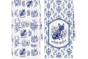 RVEAFA French Bulldog Chinoiserie Kitchen Towels Set of 2, Blue and White Floral Frenchie Gifts, Decorative Dish & Hand Towel