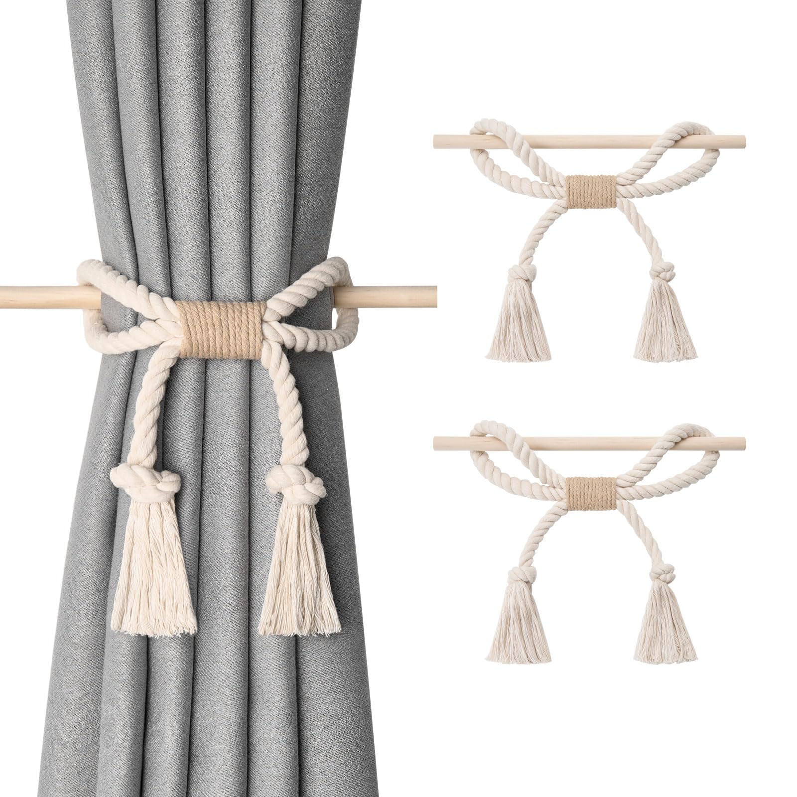 Pretty Jolly 2 Pack Natural Cotton Rope Curtain Tiebacks Boho Rustic Style Decorative Drape Tie Backs Farmhouse Hand-Woven Curtain Holdbacks with Wood Club for Home Office Drapery (Cotton knot-Beige)