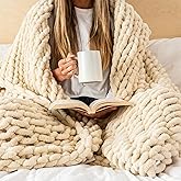 SAMIAH LUXE Chunky Knit Blanket Throw 50x70, Cream Chenille Chunky Knit Throw Blanket for Living Room Decor or Boho Decor, Thick Yarn Knitted Blankets for Couch or Bed, Cable Knitted Crochet Blankets