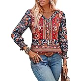 Rapbin 3/4 Length Sleeve Womens Tops Summer Trendy Puff-Sleeve V-Neck Blouses Dressy Casual Textured Smocked T-Shirt