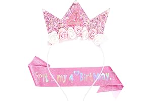 Vovii 4th Birthday Decorations for Girls, Birthday Girl Headband & Glitter Sash Set for 4 Year Old Girl Birthday Decorations, Birthday Flower Princess Crown Headband for Happy 4th Birthday Girl Outfit