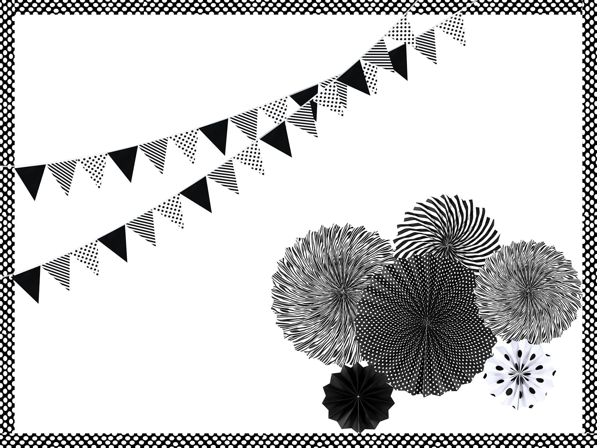 Tenare 8 Pcs Christmas Black and White Polka Dot Bulletin Board Border 10.9 Yard 6 Pcs Hanging Paper Fans 3.5 Yard Pennant Banner Flag for Classroom Home School Christmas Decor