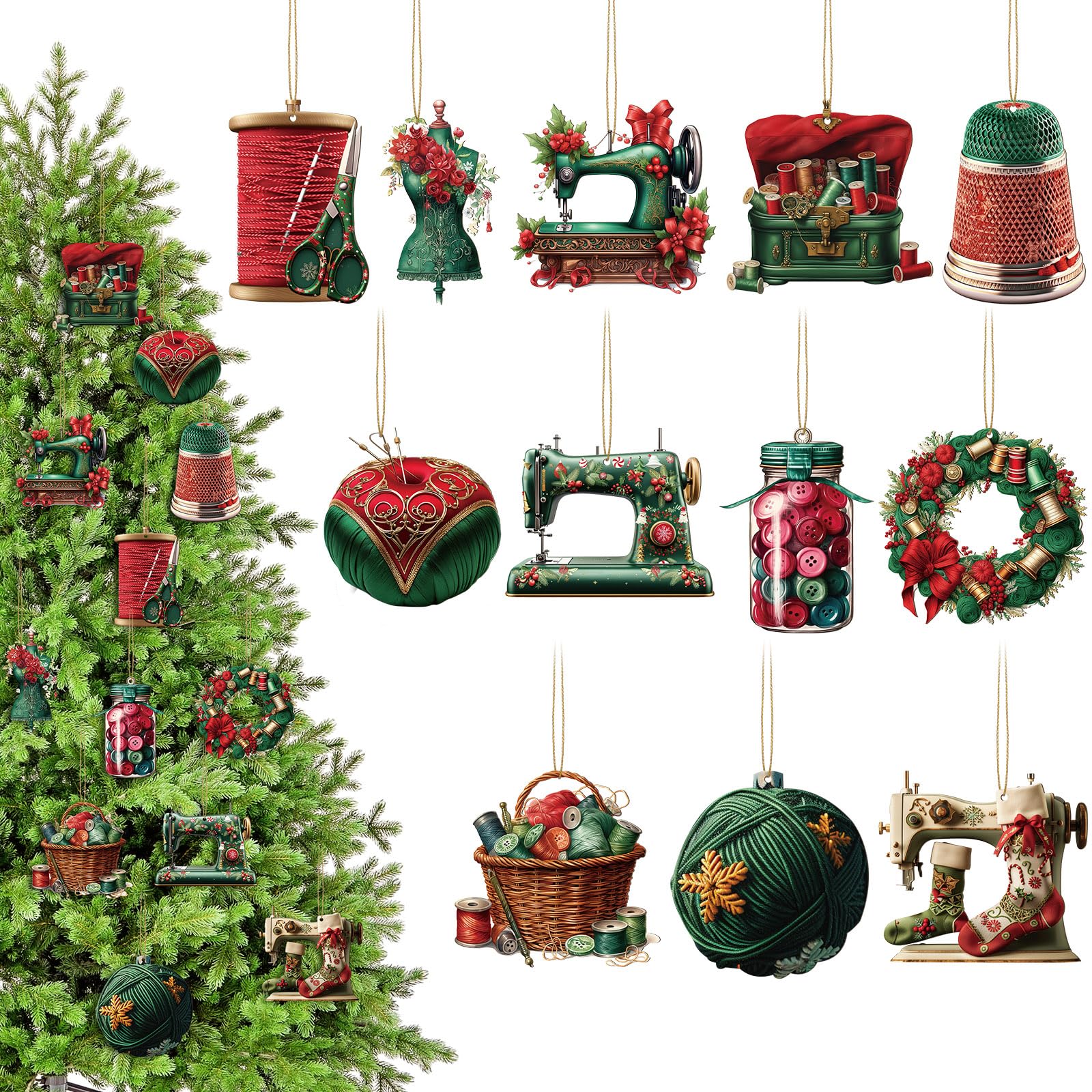 Photo 1 of Cinnvoice 60 Pcs Christmas Sewing Ornaments Old World Xmas Hanging Ornaments with Sewing Machine Dress Form Red Spool of Thread for Quilt Enthusiast Christmas Tree Party Decor