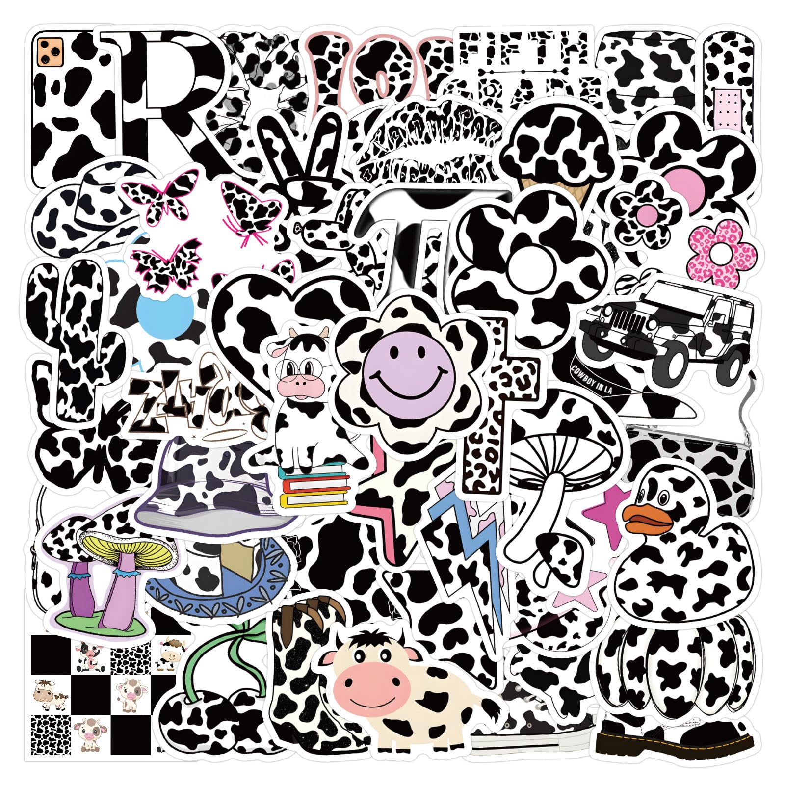 Cow Print Stickers for Laptop (50 PCS),Gift for Children Teens Adults Girl Boys,Waterproof Stickers for Water Bottle,Cow Print Vinyl Stickers for Scrapbook,Skateboard,Bike,Phone,Dairy