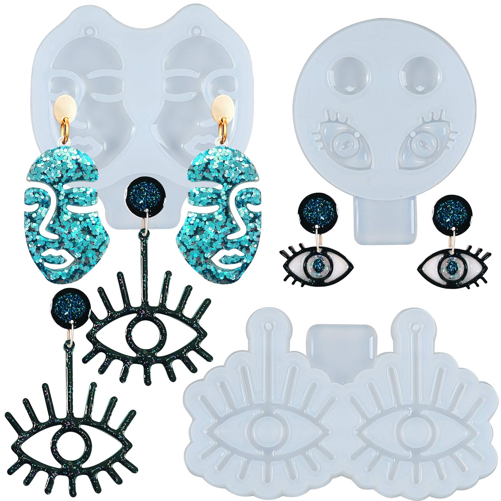 FUNSHOWCASE Evil Eye and Abstract Lady Face Earring Epoxy Resin Silicone Moulds with Hanging Holes, Jewellery Casting Supplies 3-Bundle