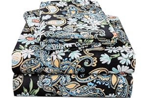 JSD Queen Paisley Floral Print Sheet Set 4 Piece Black Pattern Soft Microfiber Bedding Sheets 15" Extra Deep Pocket