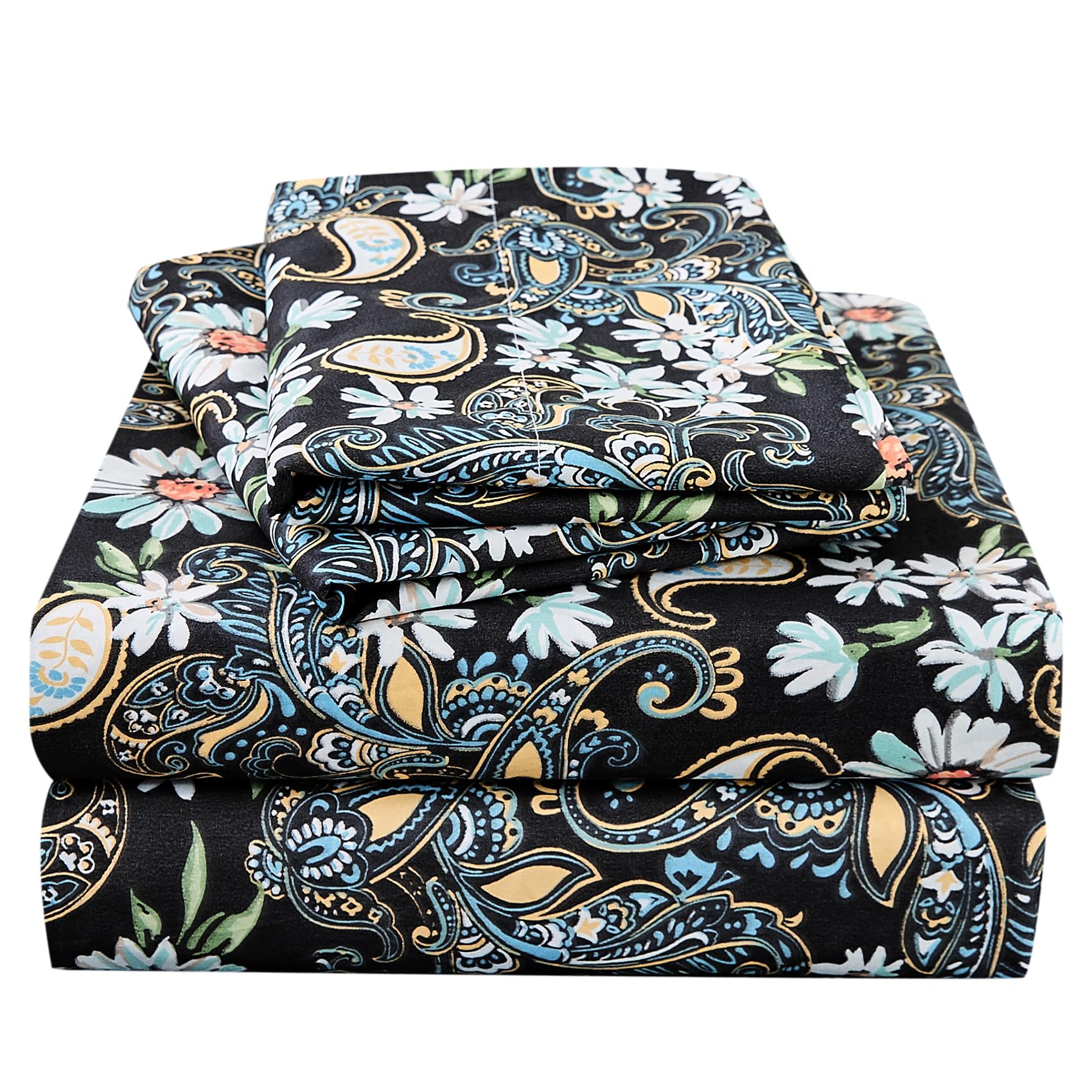 JSD Queen Paisley Floral Print Sheet Set 4 Piece Black Pattern Soft Microfiber Bedding Sheets 15" Extra Deep Pocket