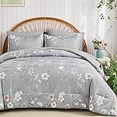 DJY King Comforter Set, Grey Botanical Floral Comforter Sets King Size for All Seasons, 7 Pieces Bed in a Bag Lightweight Microfiber Bedding Comforter Set with Sheets Pillowcases & Shams