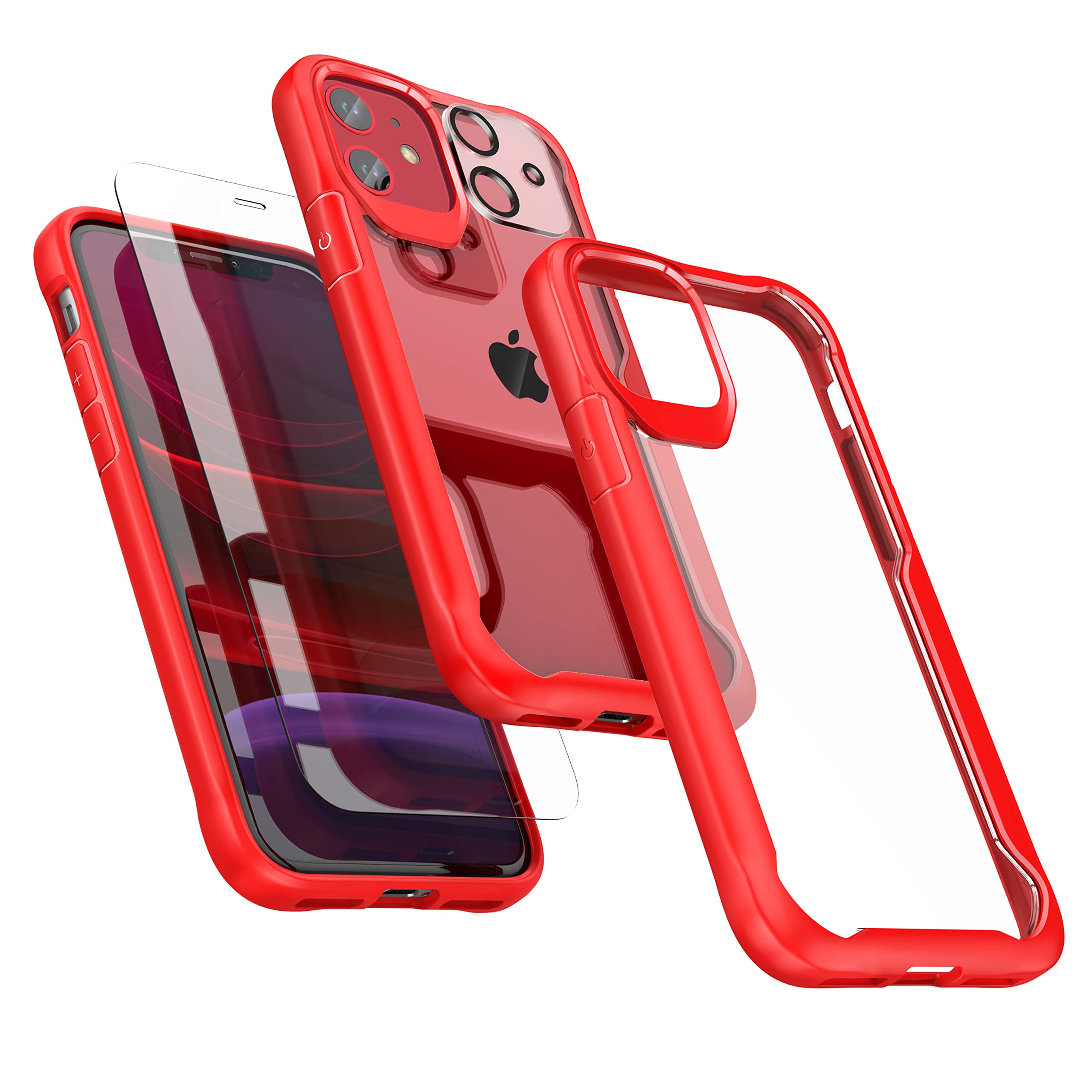 ORETECH Compatible with iPhone 11 Case, with [2 x 9H Tempered Glass Screen Protector & 1 x Camera Lens Protector] Shockproof Transparent Ultra Thin Soft TPU + Hard PC Hybrid Full Body Case - Red — image 1