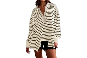 SAFRISIOR Womens Striped Oversized Polo Shirts Color Block Long Sleeve Sweatshirt Button Down Asymmetrical Hem Pullover Tops