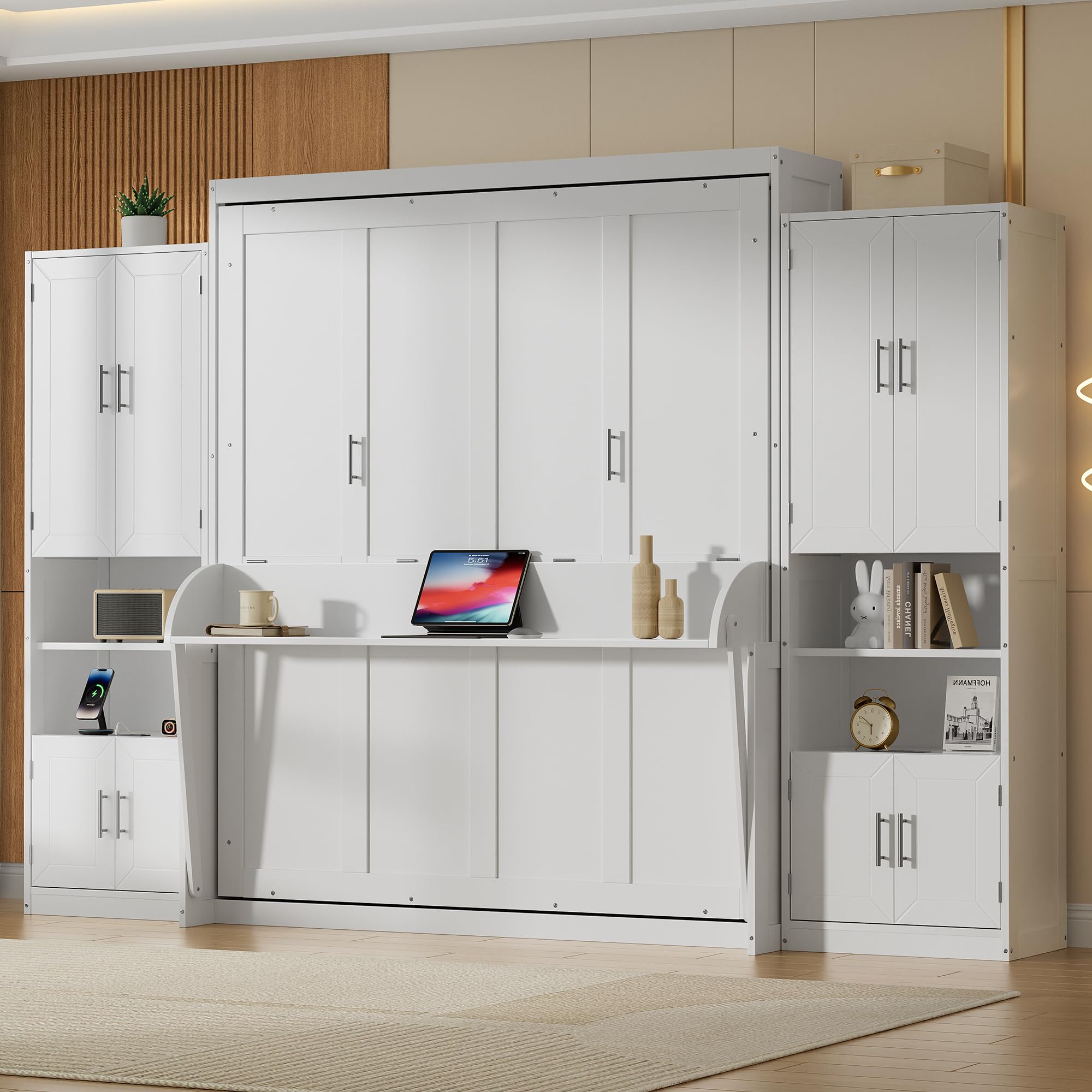 Photo 1 of *INCOMPLETE SET, PARTS ONLY*PVWIIK Queen Size Murphy Bed with Desk & Charging Station,Wall Bed Frame Folding into Cabinet Design w/Two Slide Storage Shelf for Small Space,Bedroom,Guest Room,White