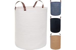 Twira Extra Large 20x16 Inches Cotton Rope Basket, Woven Baby Laundry Blanket Basket with Leather Handle Toy Basket Storage Baskets Bin for Yoga Mat & Towel (White）