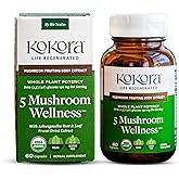 Kokora 5 Mushroom Wellness - Organic Adaptogenic Mushroom Capsules for Wellness, Immune & Gut Health*- Golden Oyster, Poria & Reishi with Ashwagandha - Vegan, Non-GMO - 60 Capsules -30 Servings