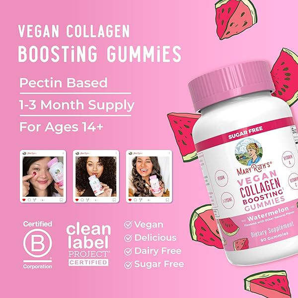 MARYRUTH ORGANICS VEGAN COLLAGEN FOR WOMEN & MEN, COLLAGEN BOOSTING GUMMIES, SKIN CARE, LYSINE, VITAMIN C, VITAMIN A, AMLA, SUPPLEMENT FOR HAIR & SKIN, VEGAN, NON-GMO, GLUTEN FREE, 90 SERVINGS