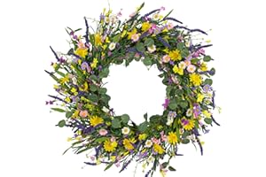 J'FLORU Large Spring Wreaths for Front Door 28 Inch Artificial Spring Wreath Summer Flower Wreath with Daisy and Lavender for Indoor Outdoor Wall Window and Easter Celebration