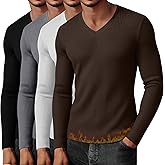 Neer 4 Pack Men's Thermal Cotton Long Sleeve Shirts Ribbed V Neck Tops Fall Winter Stretchy Slim Undershirt Base Layer
