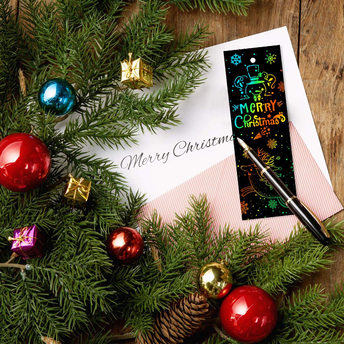 KOMIWOO Scratch Rainbow-Bookmarks, Magic Scratch Paper Art Bookmarks DIY Gift Tags with Satin Ribbons, Wood Stylus, Rope, Storage Bag for Kids Party and Arts & Craft Activity