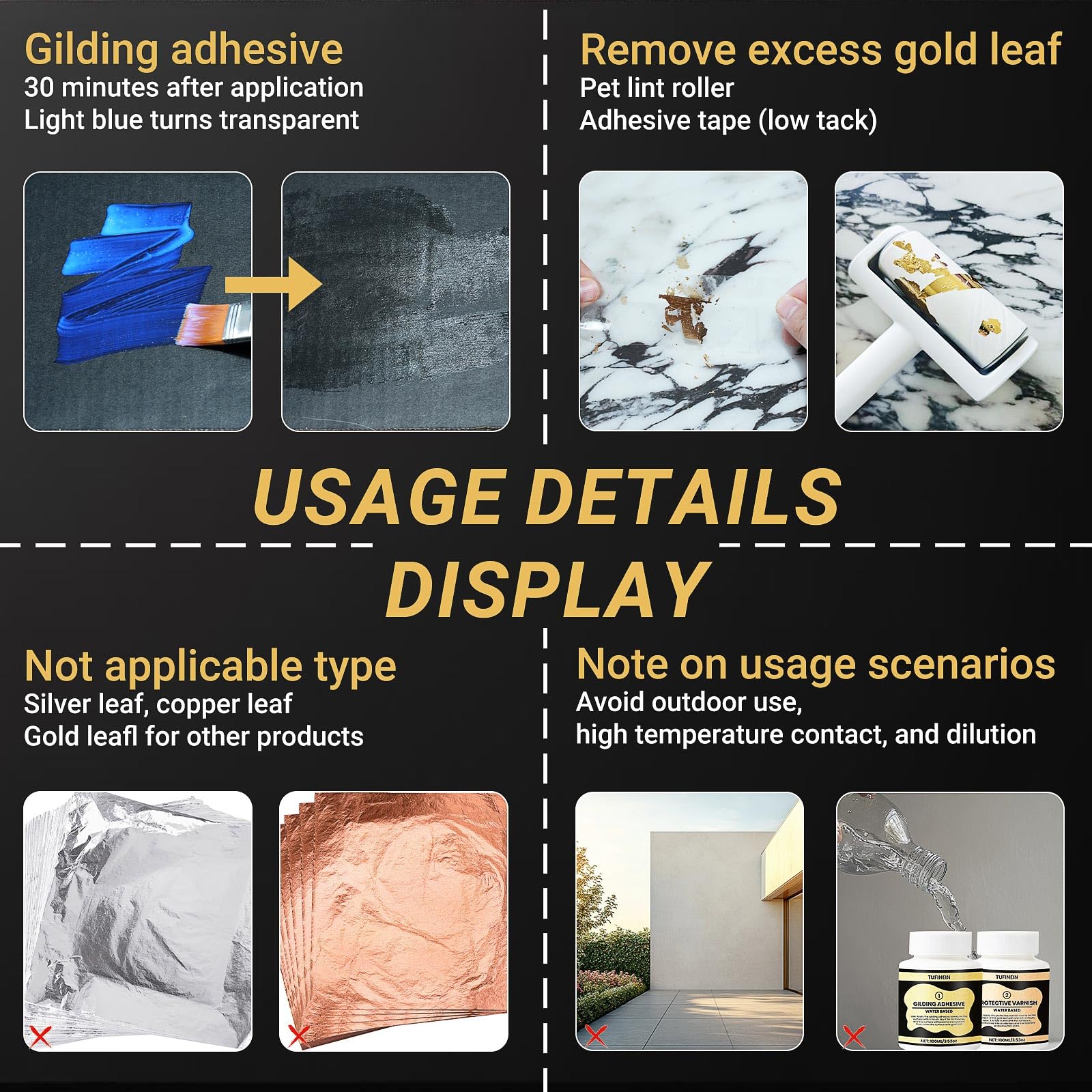 Gilding Adhesive Set, TUFINEIN 3.53oz/100ml Water Based Adhesive and Varnish, Gold Leaf and Champagne Gold Foil Gilding Kit, Furniture & Crafts Decoration, Art Painting, DIY Decorative Painting