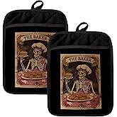 HUGANE Funny Gothic Skeleton Baker Pot Holders for Kitchen, Gifts for Baking Lovers, Witchy Tarot Card Goth Skull Heat Resistant Hot Pads and Oven Mitts for Baking Cooking